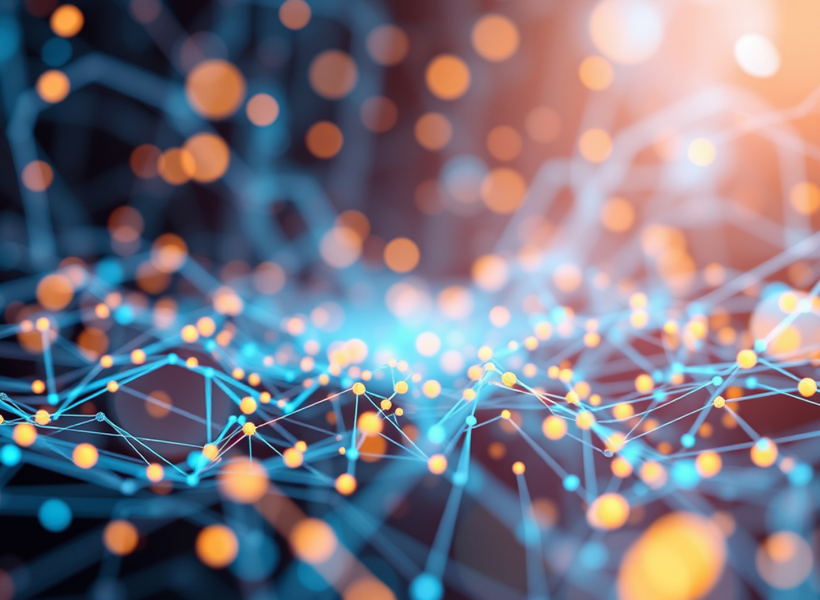 Orange lights mark connections amidst a light blue web of connecting lines.