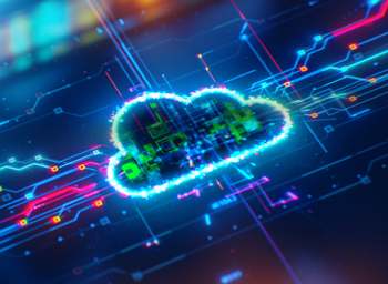 Multi-colored electrode lines lead across a motherboard to a lit-up cloud formation.