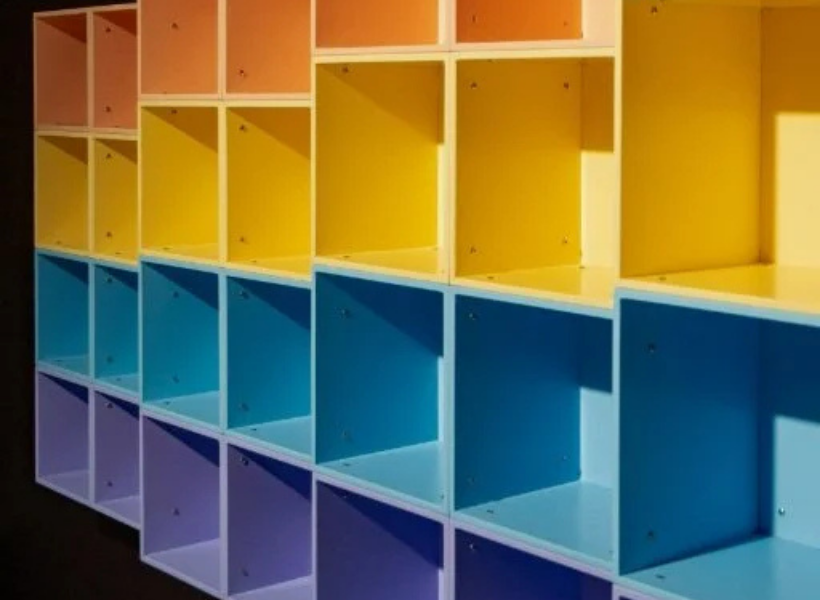Yellow, blue, and purple box cubbies 