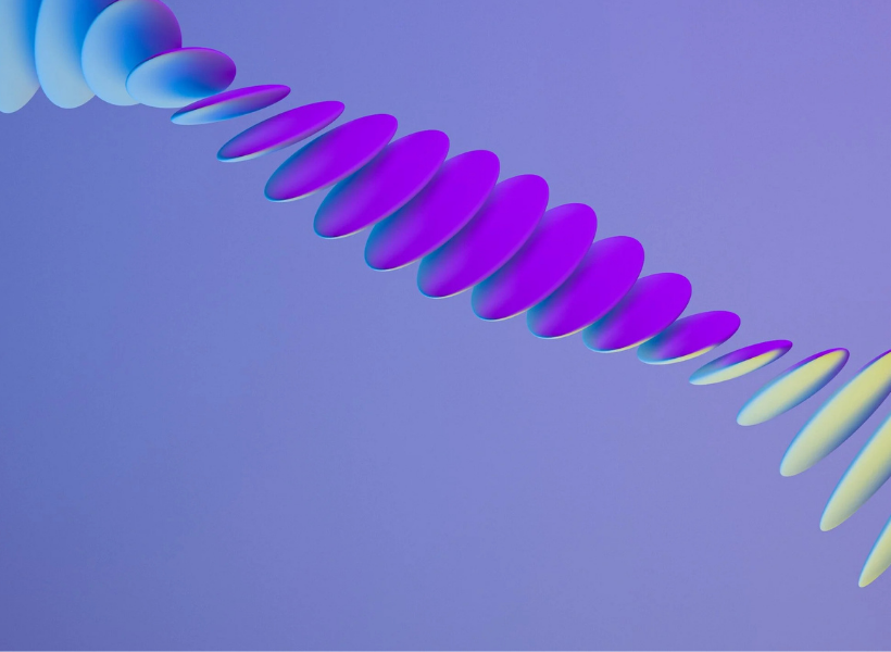 A purple, blue and yellow, circular DNA like design over a purple background