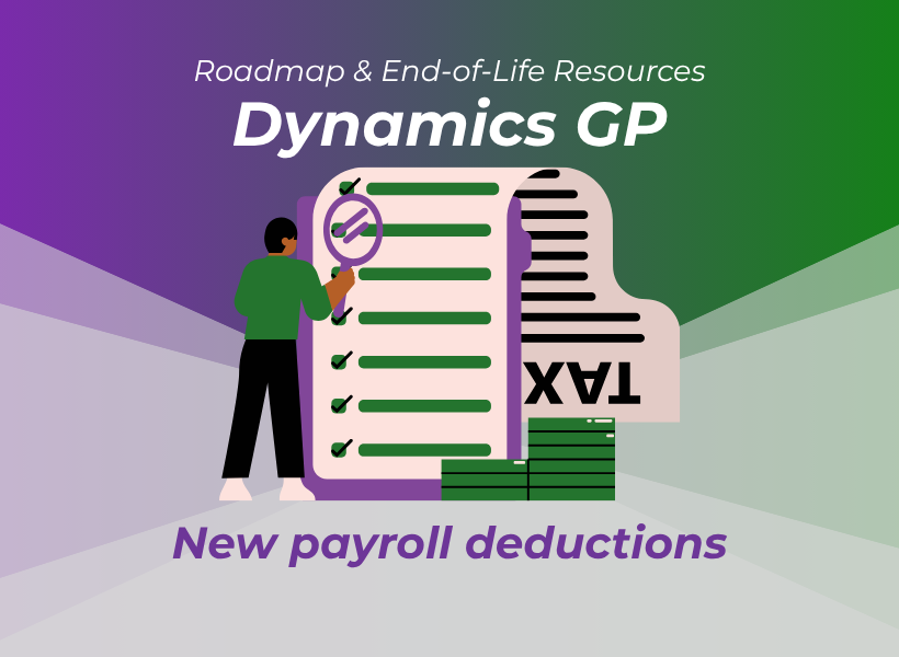 A green and purple design with someone looking at tax and payroll documents