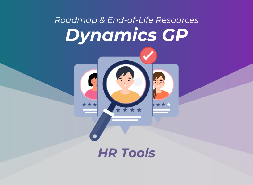 Purple and blue design with graphics that represent employees from a HR point of view 