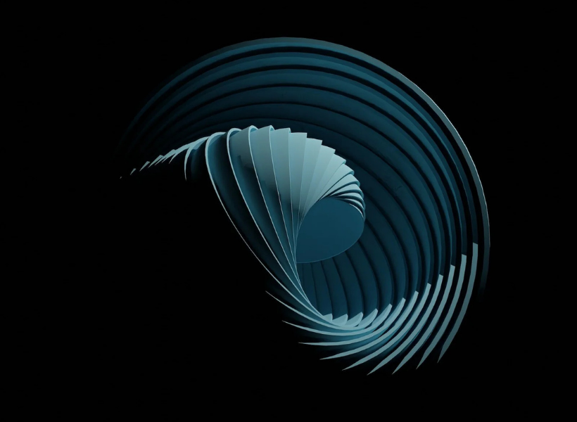 A blue circular abstract shape in the center of a black background 
