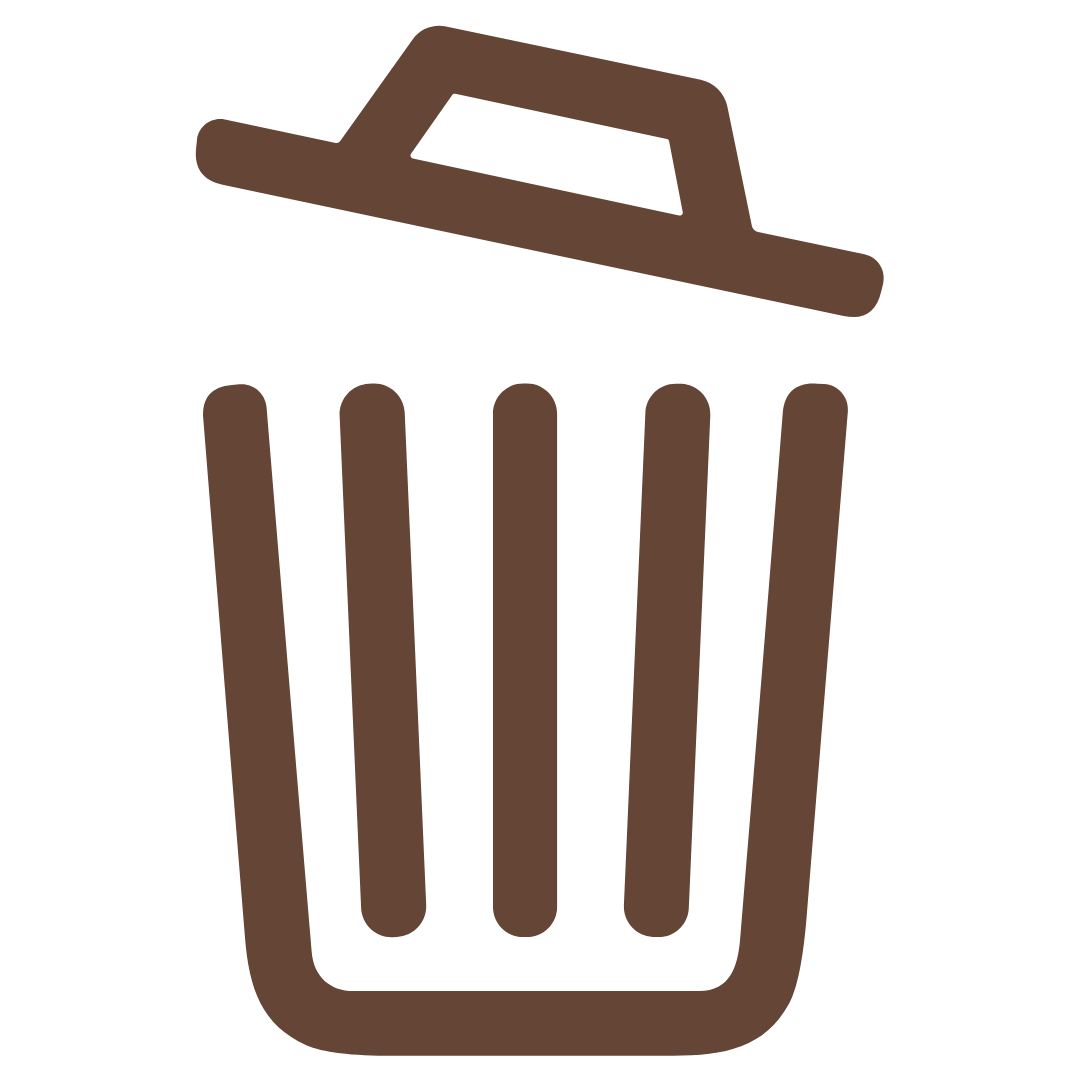 A minimalist brown outline icon of a trash can with an open lid on a plain white background.
